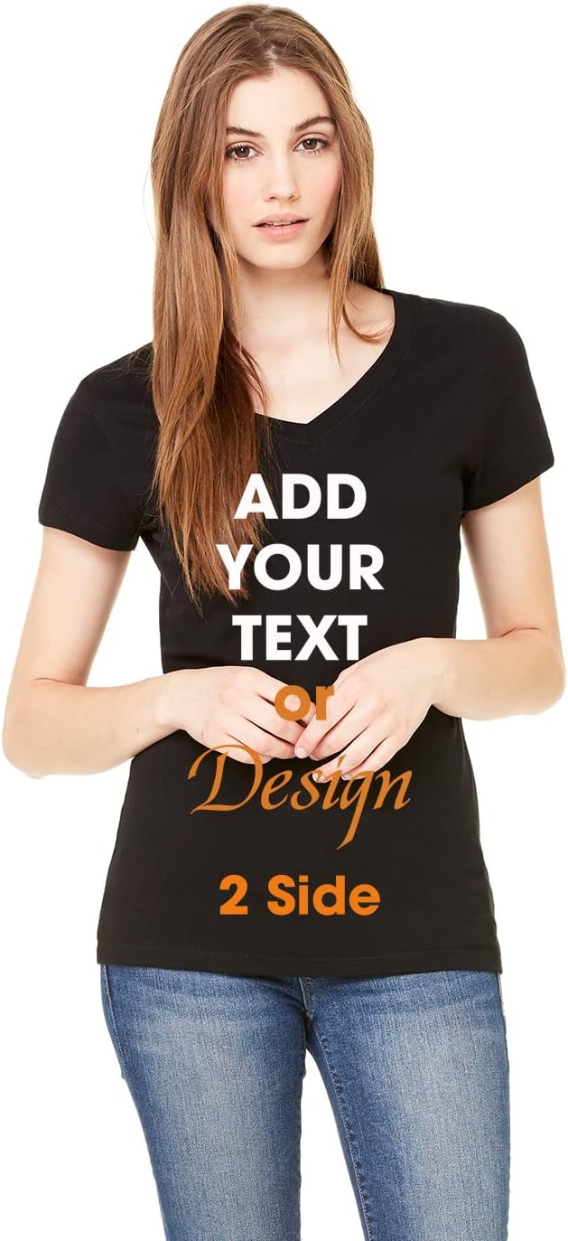 Custom V-Neck T-Shirts for Women Add Your Own Design Text Front Back Side Personalized