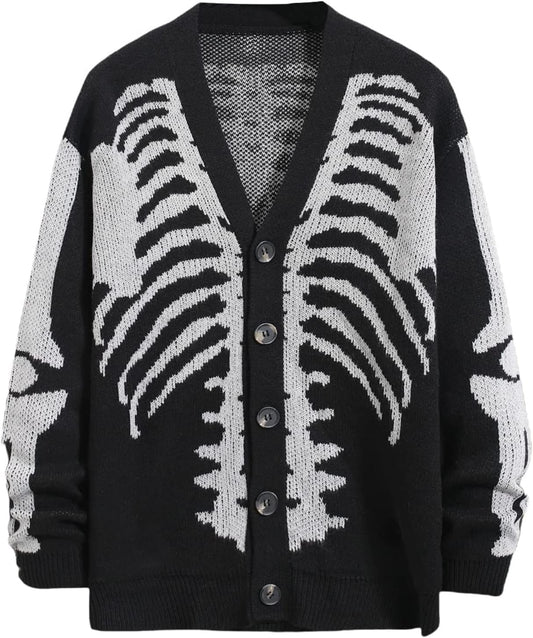 SHENHE Men's Skeleton Pattern Cardigan Sweaters Long Sleeve Unisex Outwear Knitted Coats